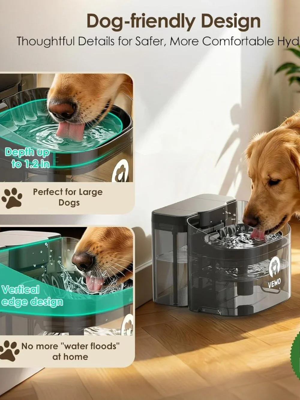 VEWO W16-L 11L Large Dog Water Fountain No Spill Automatic Dispenser Black NEW